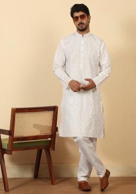 White Thread Work Cotton Kurta Set For Men