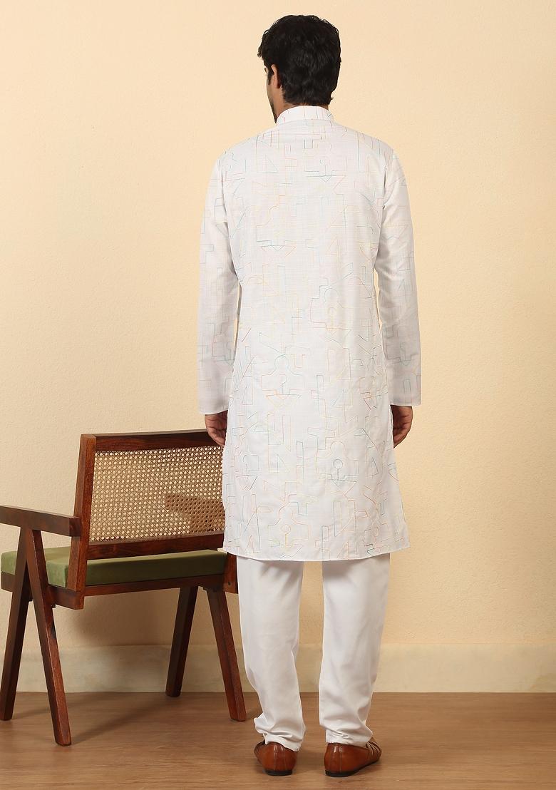 White Thread Work Cotton Kurta Set For Men - Indya