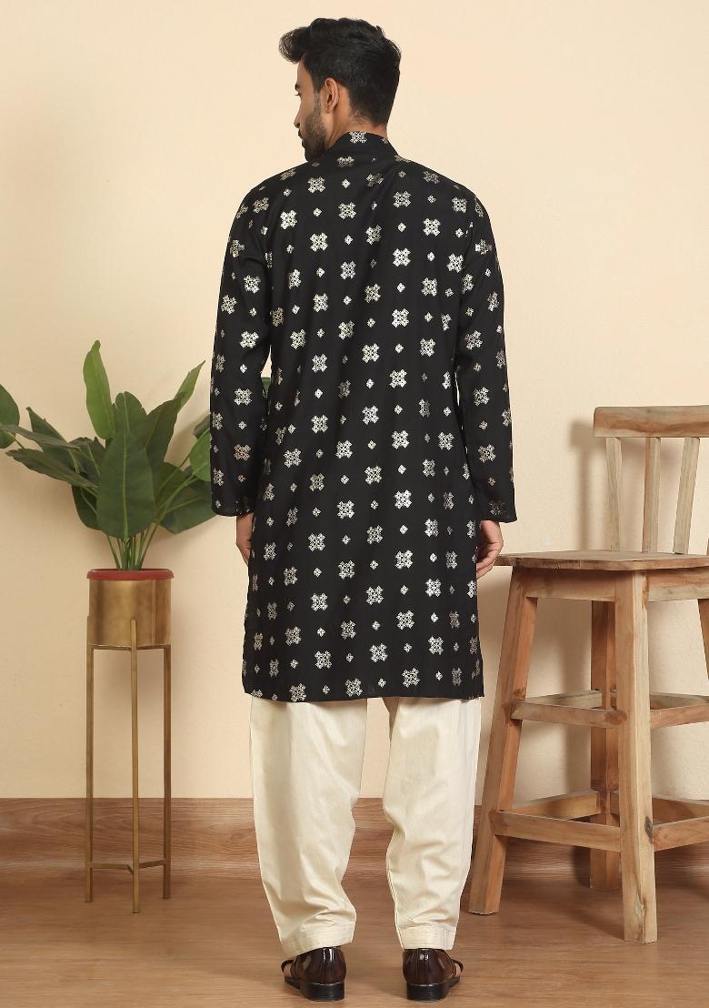 Black Floral Print Cotton Kurta Set For Men - Indya