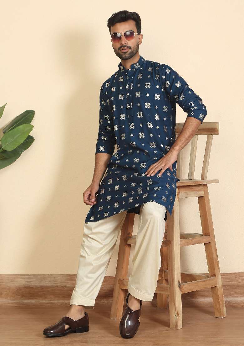 Blue Floral Print Cotton Kurta Set For Men - Indya
