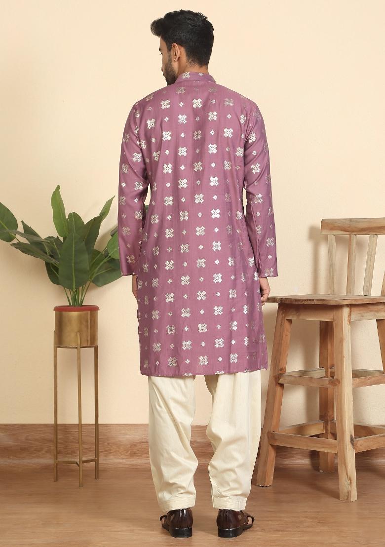 Mauve Floral Print Cotton Kurta Set For Men - Indya