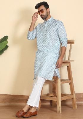 Blue Leaf Print Cotton Kurta Set For Men