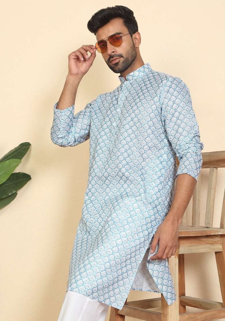 Blue Leaf Print Cotton Kurta Set For Men - Indya