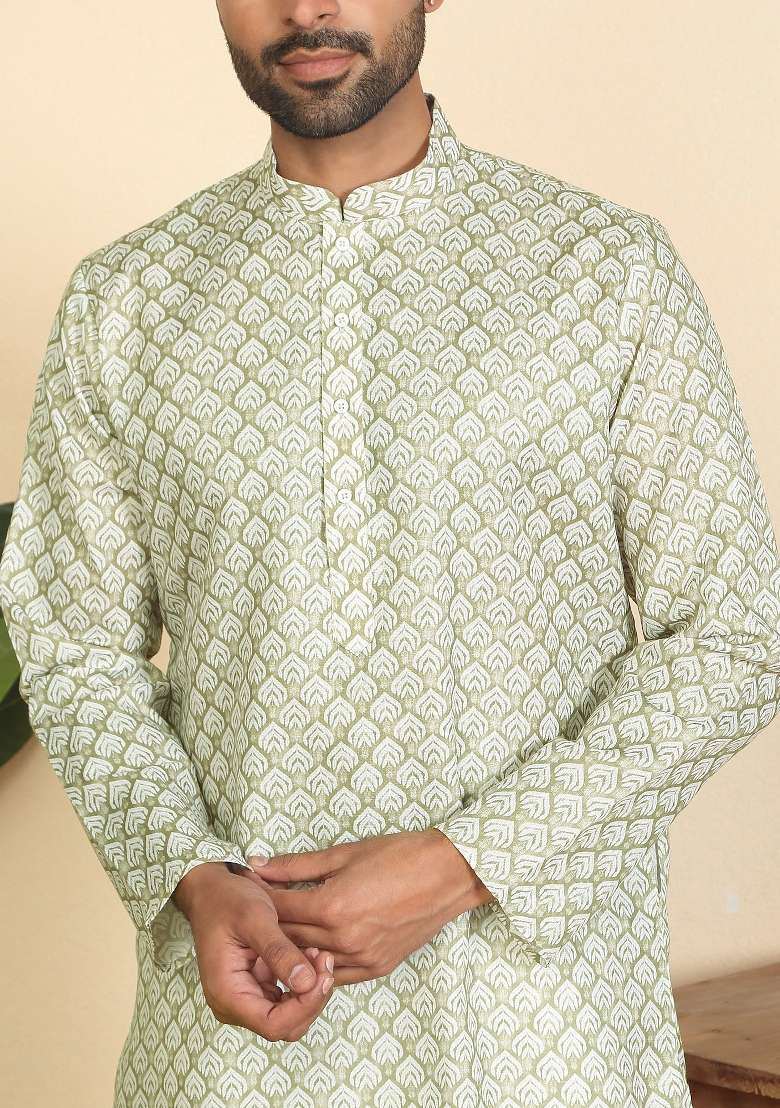 Green Leaf Print Cotton Kurta Set For Men - Indya
