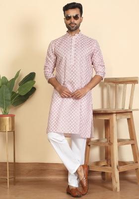 Pink Leaf Print Cotton Kurta Set For Men