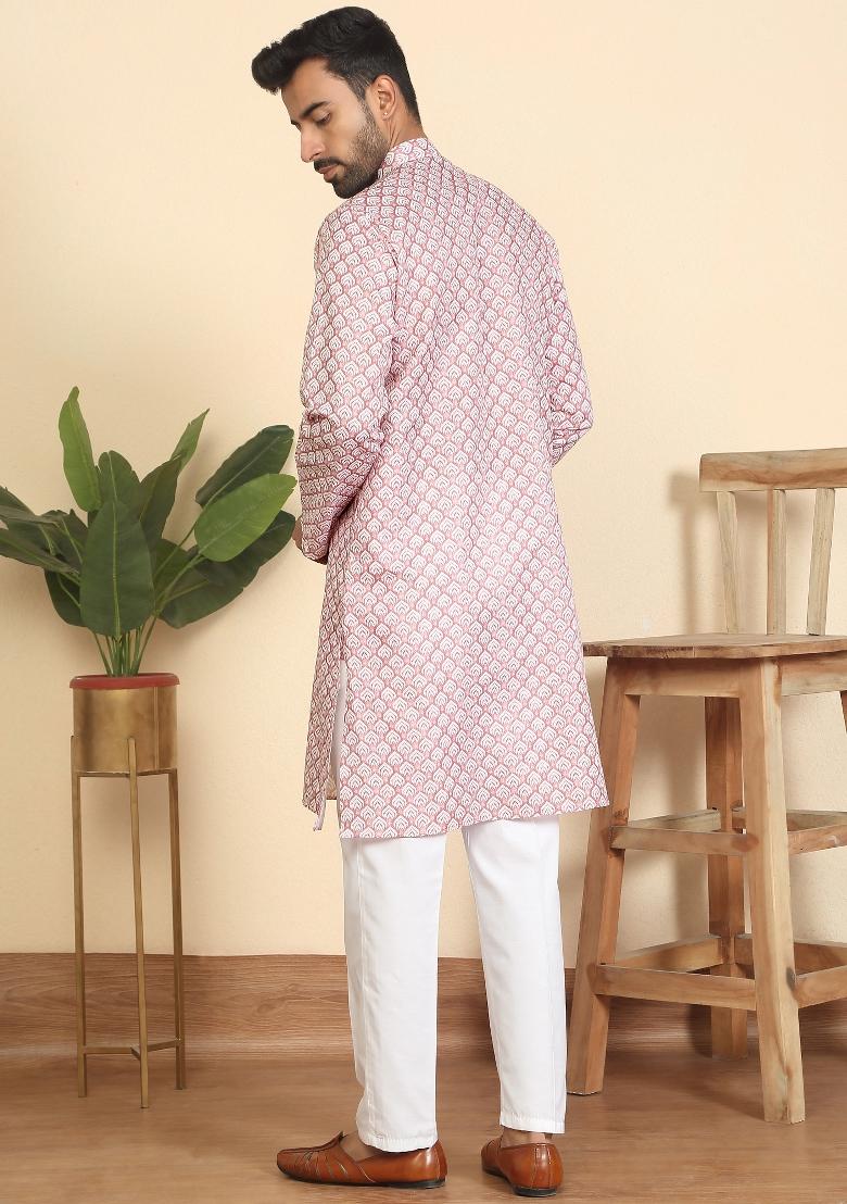 Pink Leaf Print Cotton Kurta Set For Men - Indya