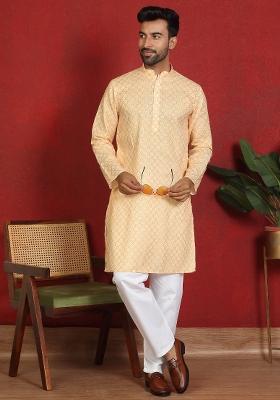 Yellow Leaf Print Cotton Kurta Set For Men