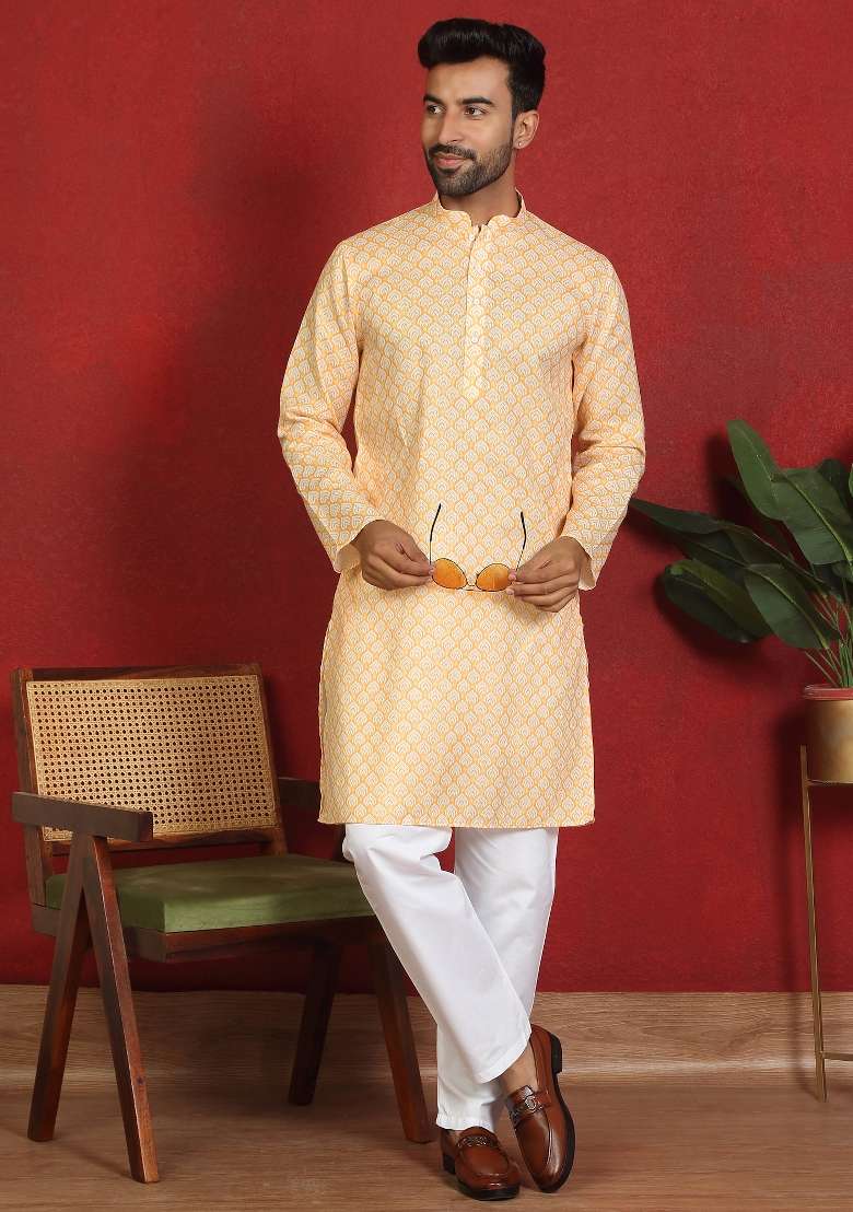 Yellow Leaf Print Cotton Kurta Set For Men - Indya