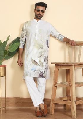 Green Leaf Print Cotton Kurta Set For Men
