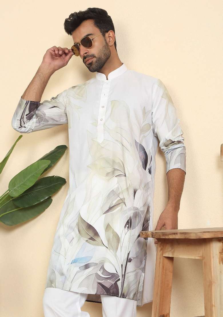 Green Leaf Print Cotton Kurta Set For Men - Indya