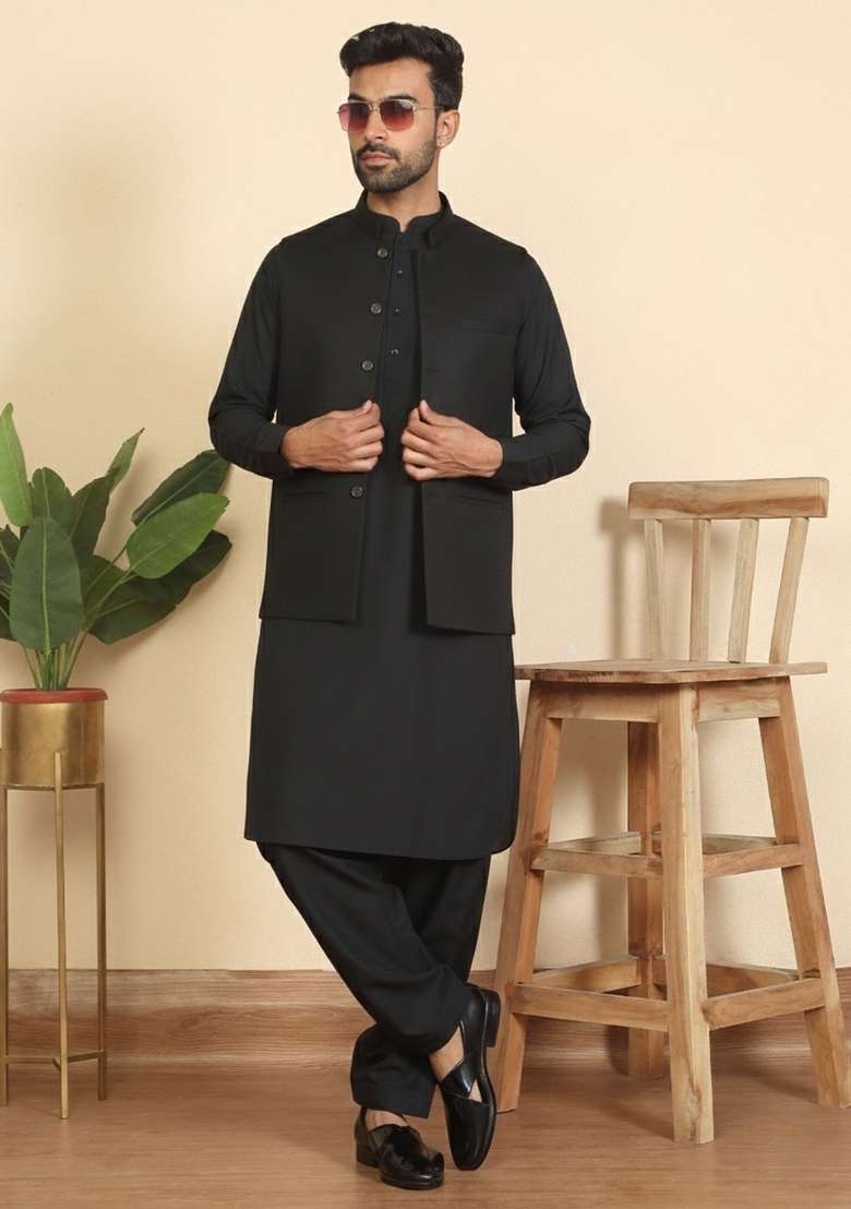 Black Solid Cotton Nehru Jacket Set For Men - Indya