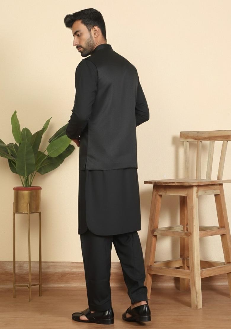 Black Solid Cotton Nehru Jacket Set For Men - Indya