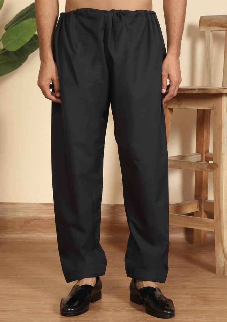 Black Solid Cotton Nehru Jacket Set For Men - Indya