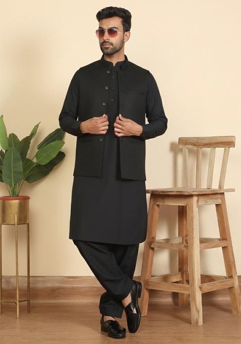 Black Solid Cotton Nehru Jacket Set For Men