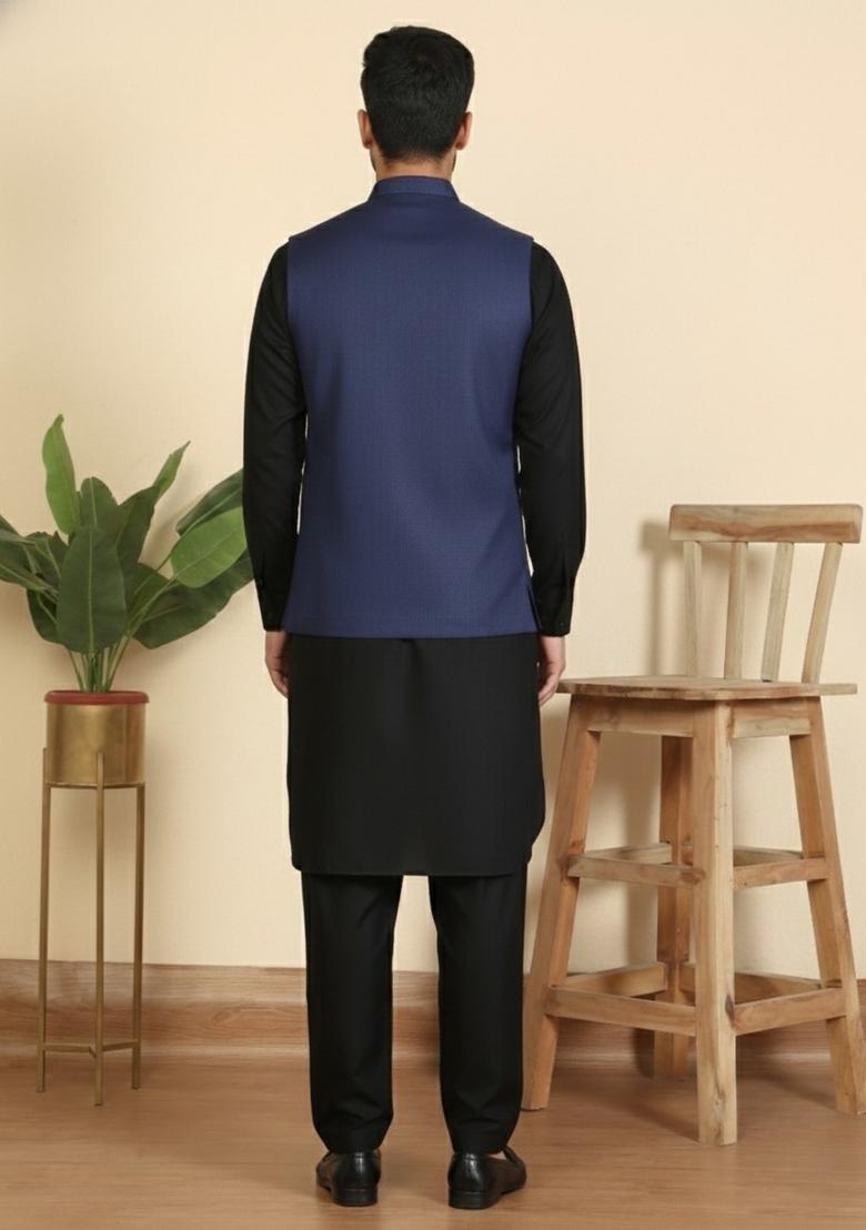Black And Blue Solid Cotton Nehru Jacket Set For Men - Indya