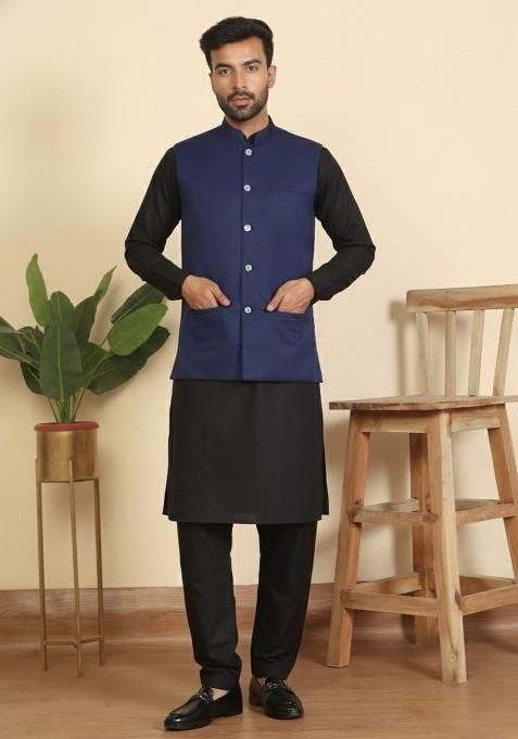 Black And Blue Solid Cotton Nehru Jacket Set For Men