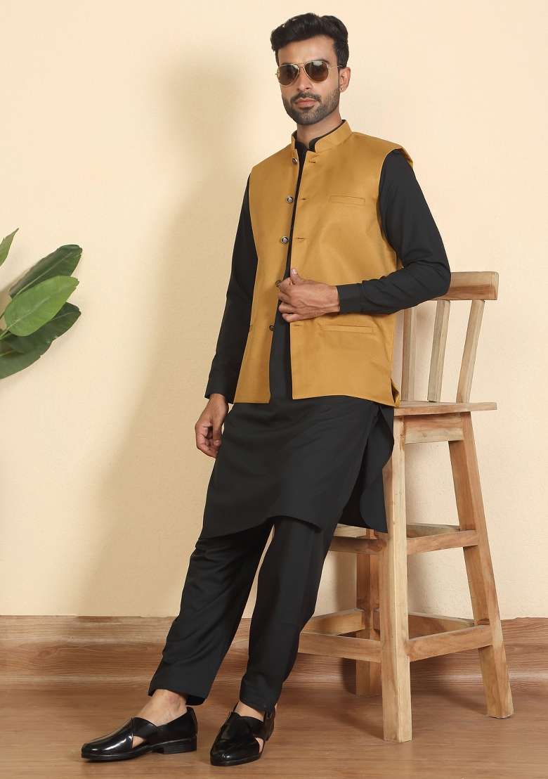 Black And Mustard Solid Cotton Nehru Jacket Set For Men - Indya
