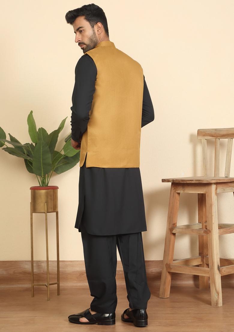 Black And Mustard Solid Cotton Nehru Jacket Set For Men - Indya