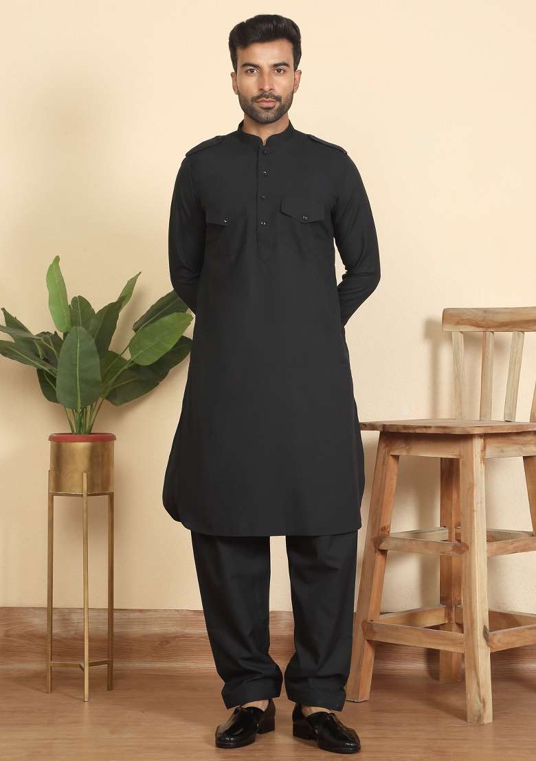 Black And Mustard Solid Cotton Nehru Jacket Set For Men - Indya