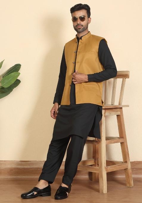 Black And Mustard Solid Cotton Nehru Jacket Set For Men