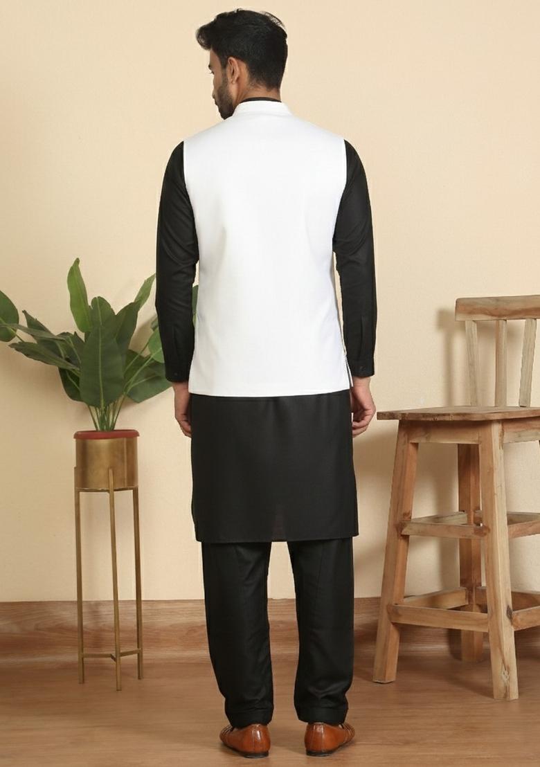 Black And White Solid Cotton Nehru Jacket Set For Men - Indya