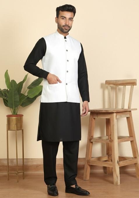 Black And White Solid Cotton Nehru Jacket Set For Men