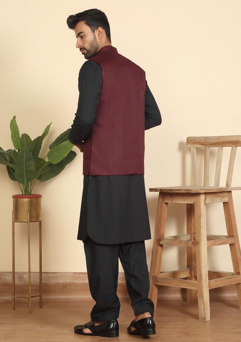 Black And Maroon Solid Cotton Nehru Jacket Set For Men - Indya