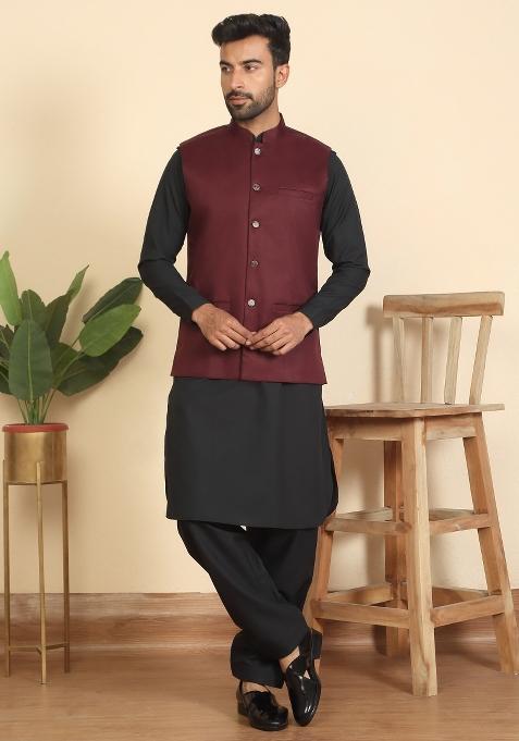 Black And Maroon Solid Cotton Nehru Jacket Set For Men