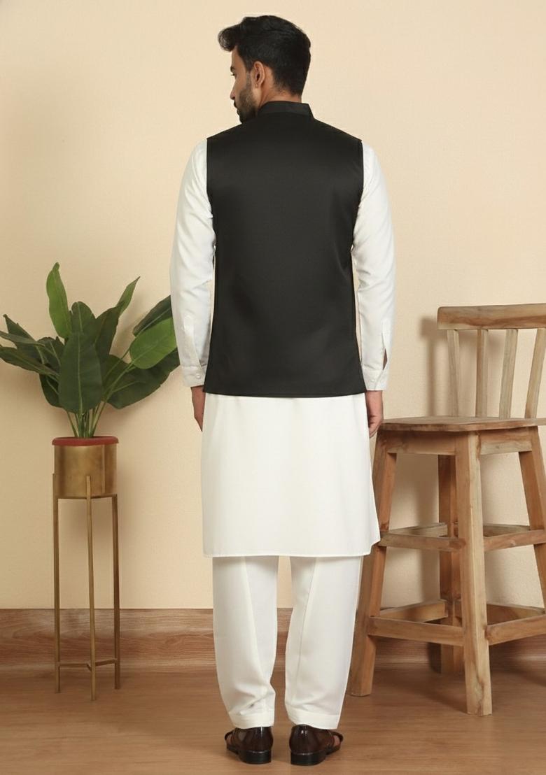 Cream And Black Solid Cotton Nehru Jacket Set For Men - Indya