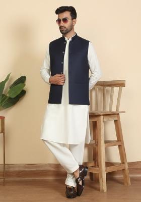 Cream And Blue Solid Cotton Nehru Jacket Set For Men