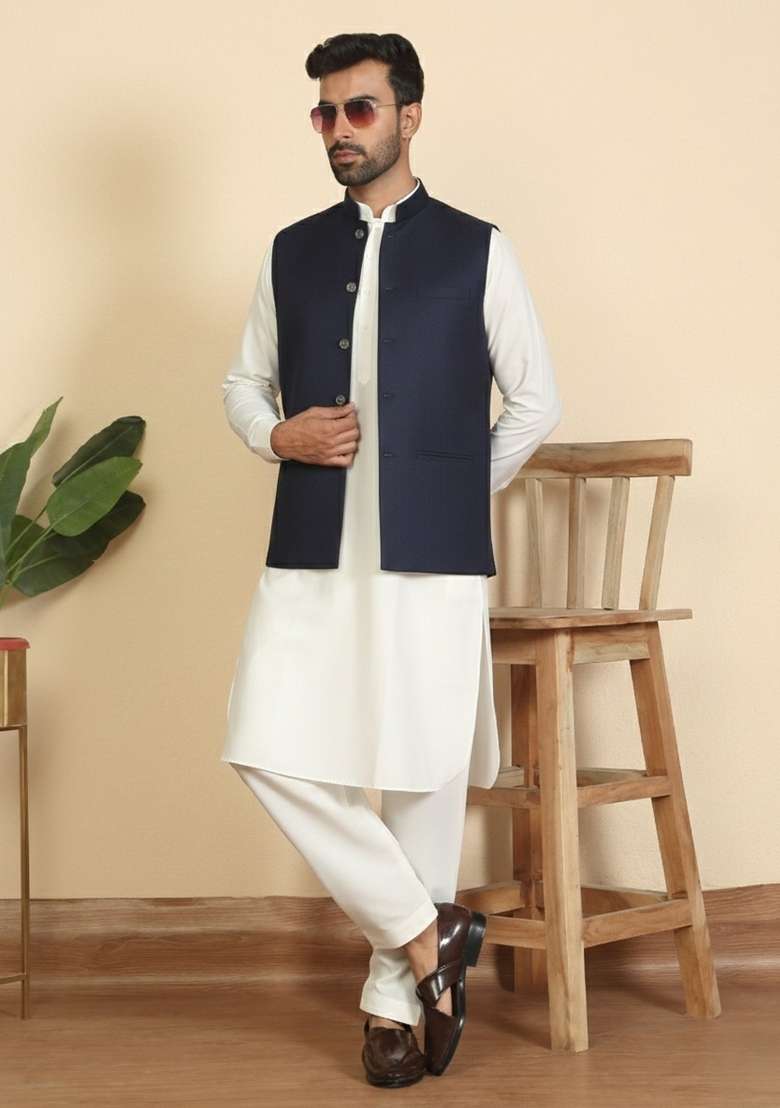 Cream And Blue Solid Cotton Nehru Jacket Set For Men - Indya