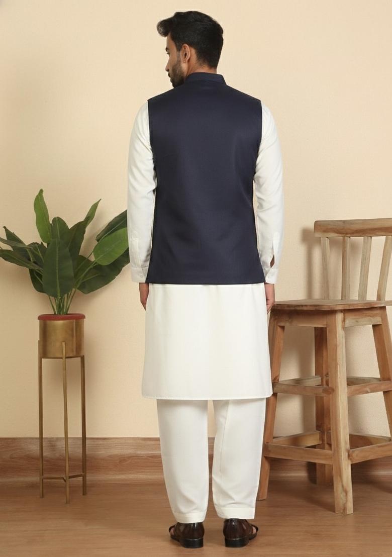 Cream And Blue Solid Cotton Nehru Jacket Set For Men - Indya
