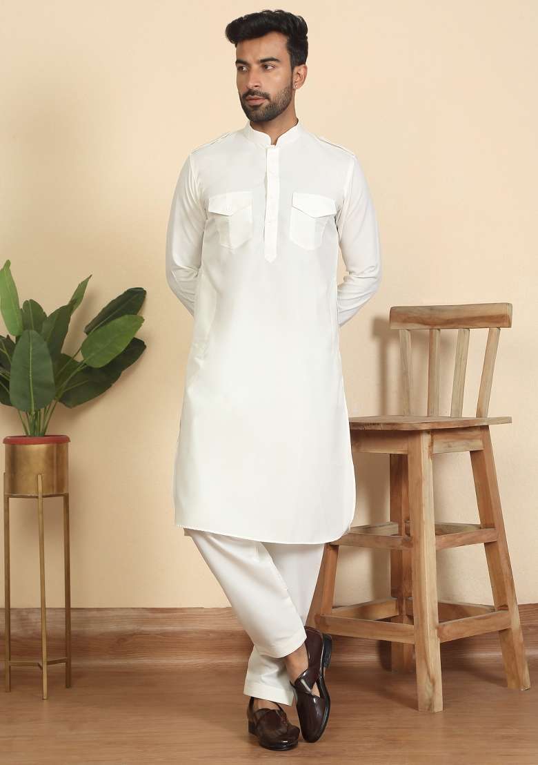 Cream And Blue Solid Cotton Nehru Jacket Set For Men - Indya
