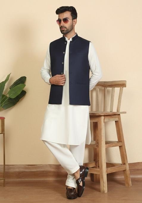 Cream And Blue Solid Cotton Nehru Jacket Set For Men