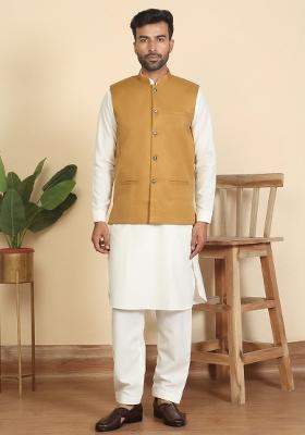 Cream And Mustard Solid Cotton Nehru Jacket Set For Men