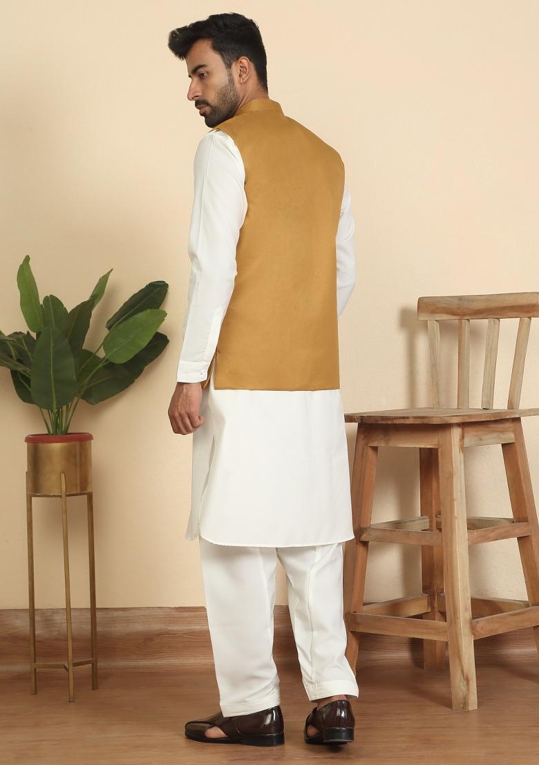 Cream And Mustard Solid Cotton Nehru Jacket Set For Men - Indya