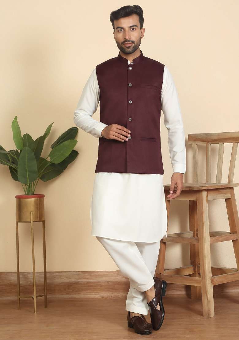Cream And Maroon Solid Cotton Nehru Jacket Set For Men - Indya