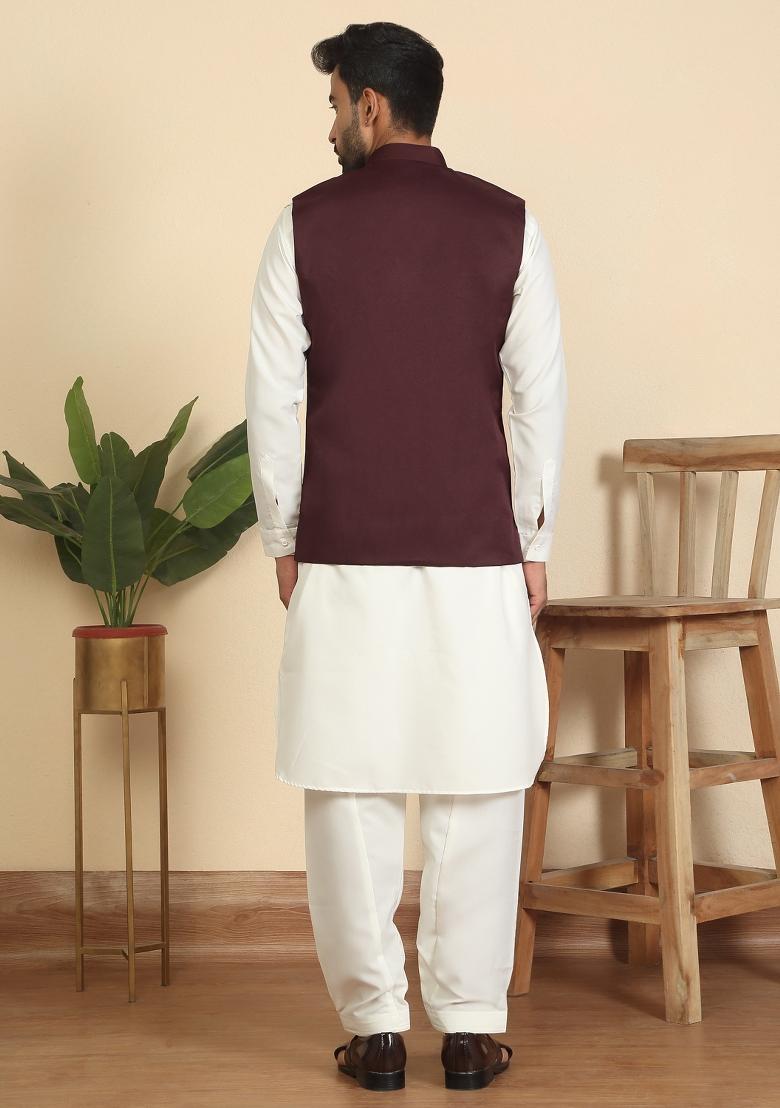 Cream And Maroon Solid Cotton Nehru Jacket Set For Men - Indya