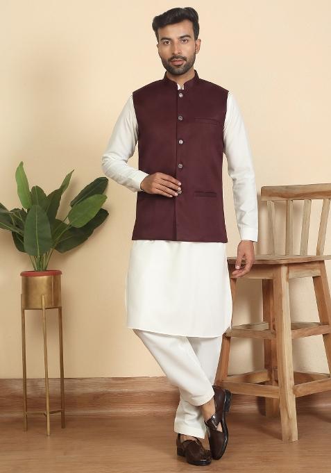 Cream And Maroon Solid Cotton Nehru Jacket Set For Men
