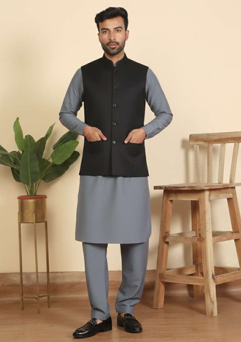 Grey And Black Solid Cotton Nehru Jacket Set For Men - Indya
