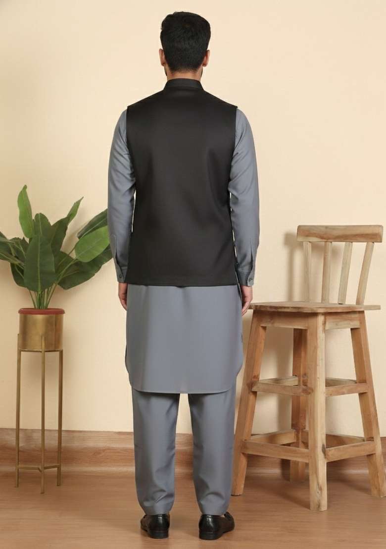 Grey And Black Solid Cotton Nehru Jacket Set For Men - Indya