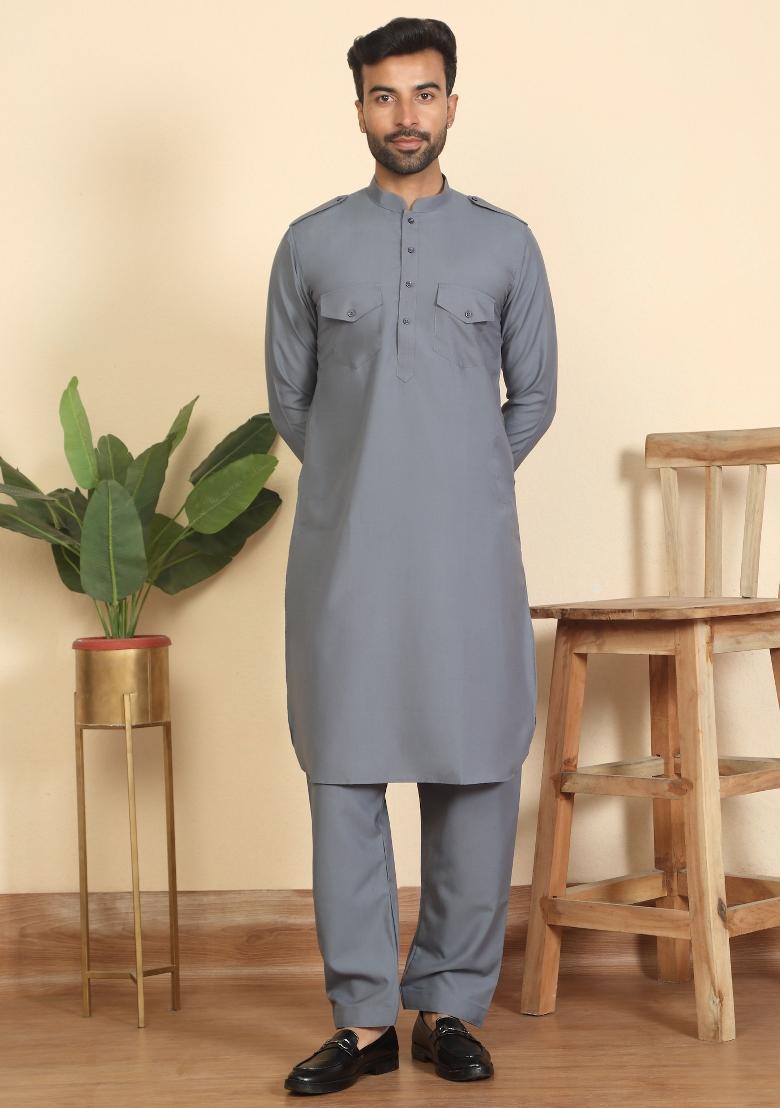 Grey And Black Solid Cotton Nehru Jacket Set For Men - Indya