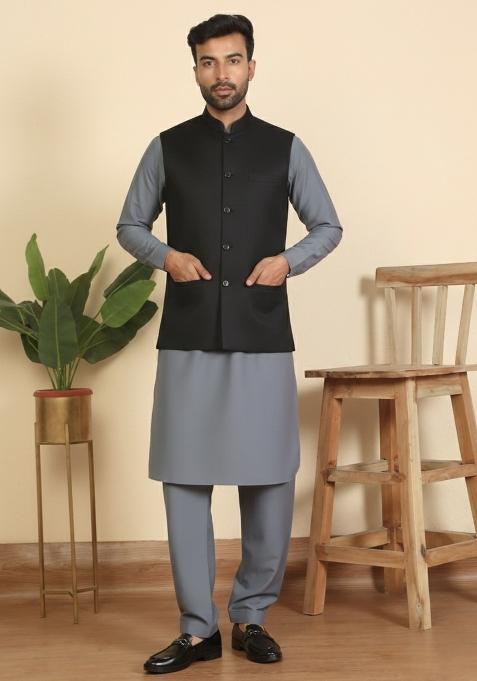 Grey And Black Solid Cotton Nehru Jacket Set For Men