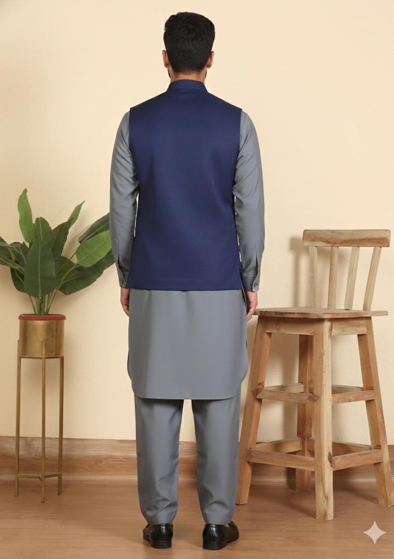 Grey And Blue Solid Cotton Nehru Jacket Set For Men - Indya
