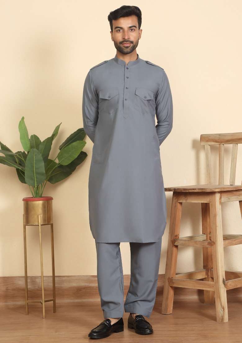 Grey And Blue Solid Cotton Nehru Jacket Set For Men - Indya