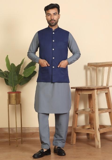 Grey And Blue Solid Cotton Nehru Jacket Set For Men