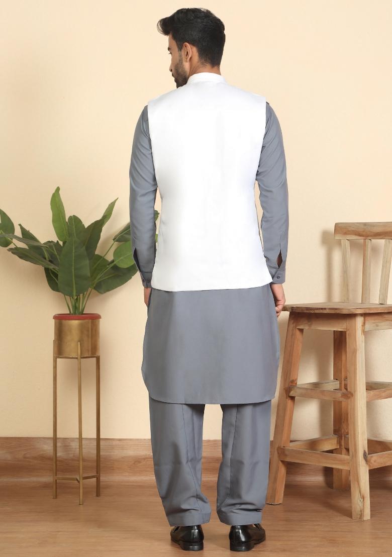 Grey And White Solid Cotton Nehru Jacket Set For Men - Indya