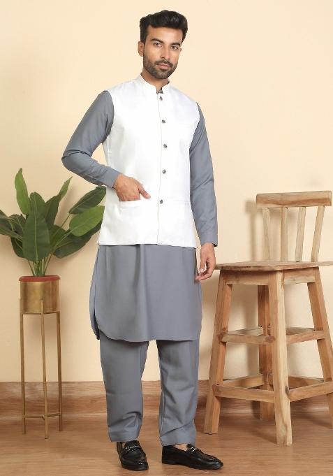 Grey And White Solid Cotton Nehru Jacket Set For Men