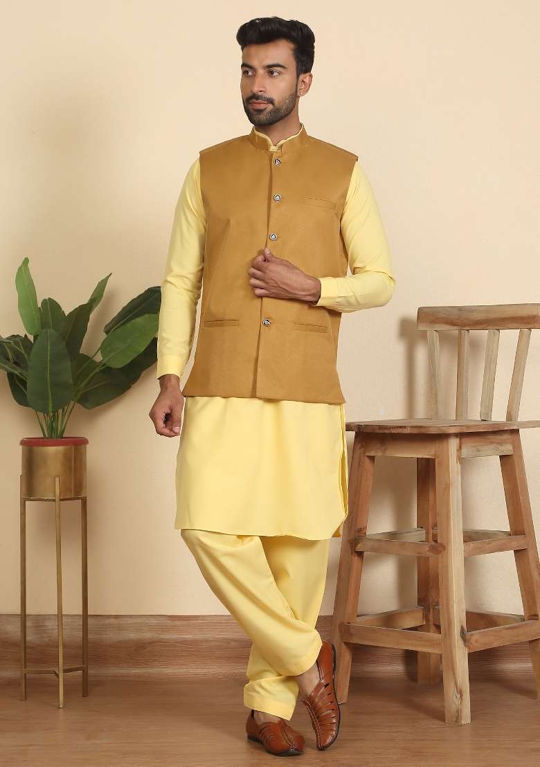 Yellow And Mustard Solid Cotton Nehru Jacket Set For Men - Indya
