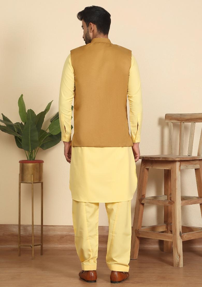 Yellow And Mustard Solid Cotton Nehru Jacket Set For Men - Indya